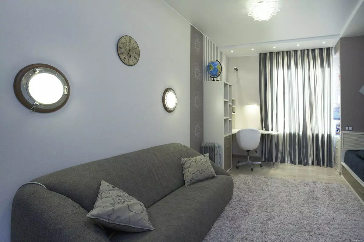 Design hálószoba nappali 18 négyzetméter. M (79 Fotók): Két szoba belseje és zónája egy, a kombinált csarnok és a hálószobák szétválasztása a lakásban, a téglalap alakú szoba elrendezése 9814_55