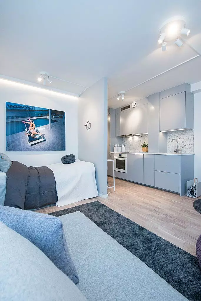 Design magamistoa elutuba 18 ruutmeetrit. M (79 fotot): kahe toa sisemus ja tsoneerimine ühes ühes, kombineeritud saali ja magamistubade eraldamine korteris, ristkülikukujulise ruumi paigutus 9814_60