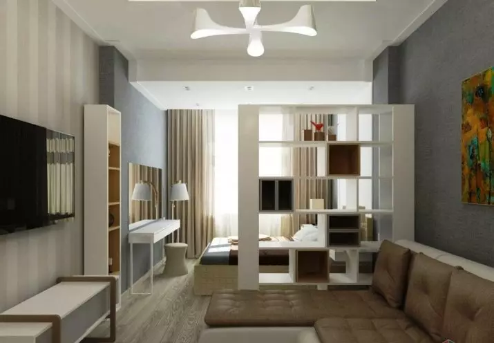 Design hálószoba nappali 18 négyzetméter. M (79 Fotók): Két szoba belseje és zónája egy, a kombinált csarnok és a hálószobák szétválasztása a lakásban, a téglalap alakú szoba elrendezése 9814_71