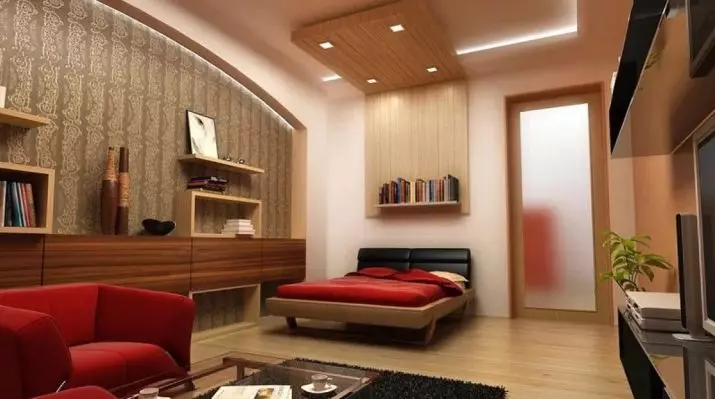 Ruang tamu kamar turu (112 foto): pilihan desain interior kanggo interior ing kamar sing padha. Pilihan Perabot Modular lan Wallpaper, Layout lan Proyek 9818_105