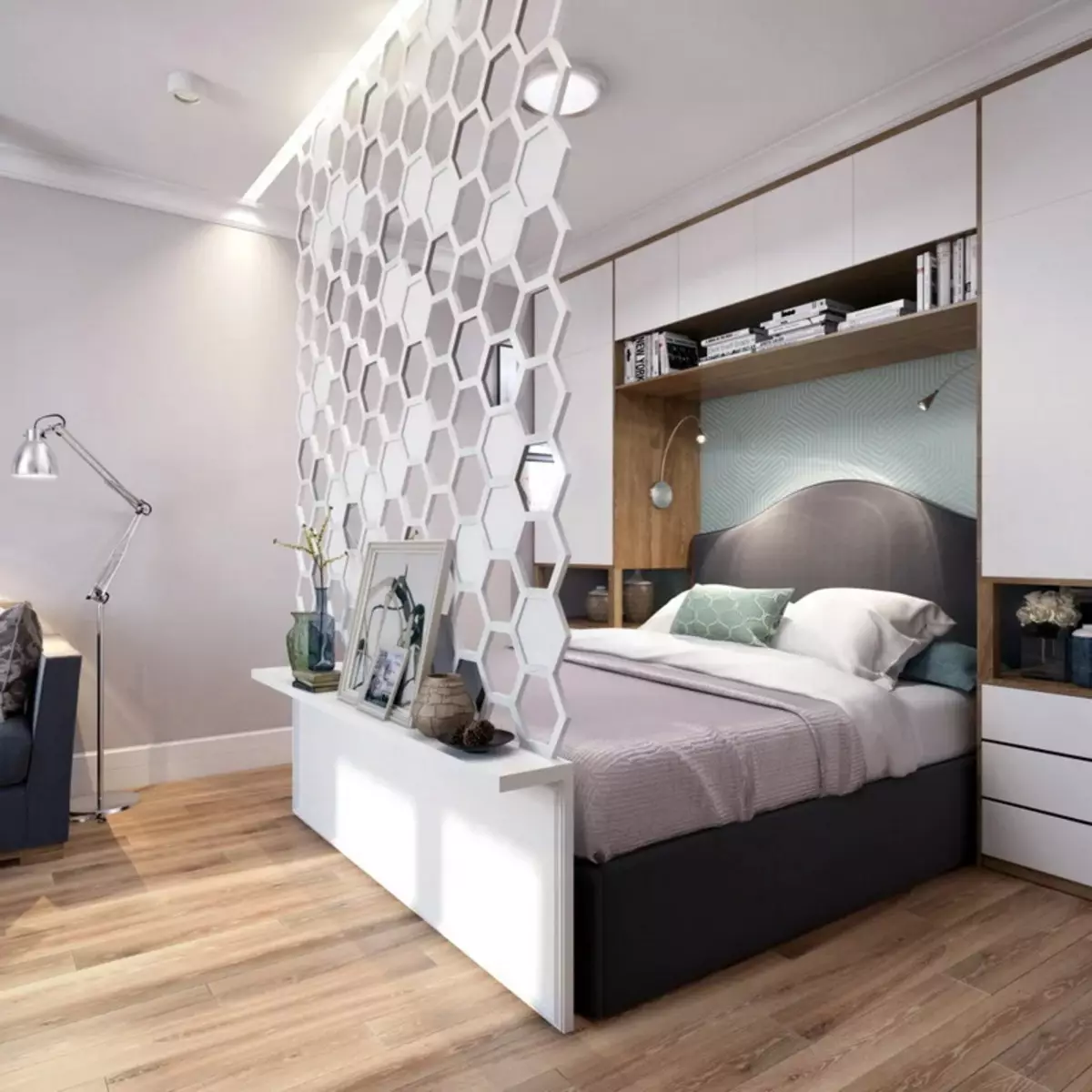 Ruang tamu kamar turu (112 foto): pilihan desain interior kanggo interior ing kamar sing padha. Pilihan Perabot Modular lan Wallpaper, Layout lan Proyek 9818_23