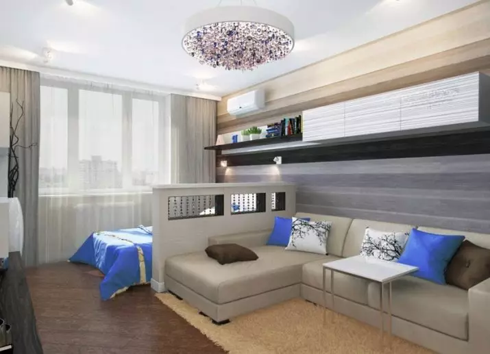 Ruang tamu kamar turu (112 foto): pilihan desain interior kanggo interior ing kamar sing padha. Pilihan Perabot Modular lan Wallpaper, Layout lan Proyek 9818_27