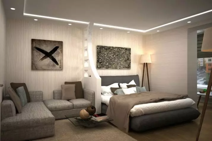 Miegamojo svetainė (112 nuotraukos): Interjero dizaino parinktys tos pačios patalpos interjero. Modulinių baldų ir tapetų, išdėstymo ir projektų pasirinkimas 9818_3