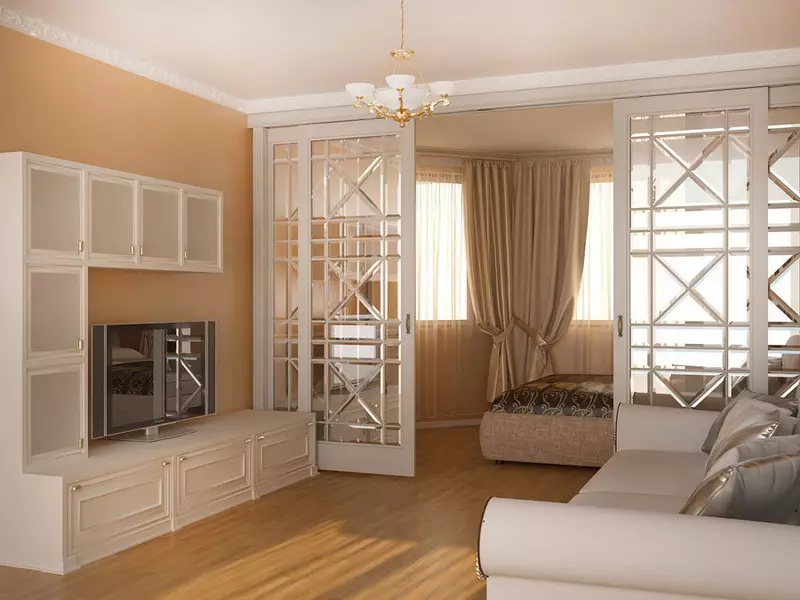 Ruang tamu kamar turu (112 foto): pilihan desain interior kanggo interior ing kamar sing padha. Pilihan Perabot Modular lan Wallpaper, Layout lan Proyek 9818_43