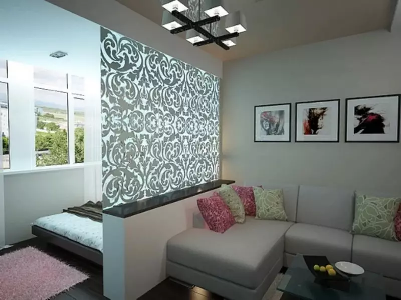 Ruang tamu kamar turu (112 foto): pilihan desain interior kanggo interior ing kamar sing padha. Pilihan Perabot Modular lan Wallpaper, Layout lan Proyek 9818_50