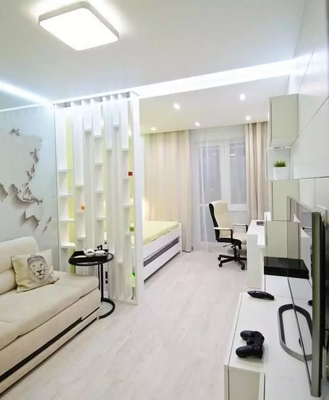 Ruang tamu kamar turu (112 foto): pilihan desain interior kanggo interior ing kamar sing padha. Pilihan Perabot Modular lan Wallpaper, Layout lan Proyek 9818_54