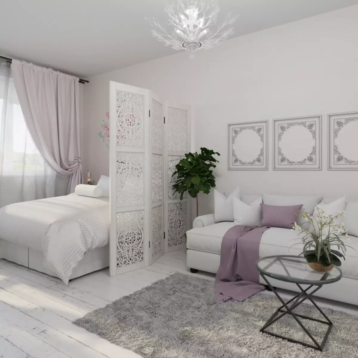 Ruang tamu kamar turu (112 foto): pilihan desain interior kanggo interior ing kamar sing padha. Pilihan Perabot Modular lan Wallpaper, Layout lan Proyek 9818_75