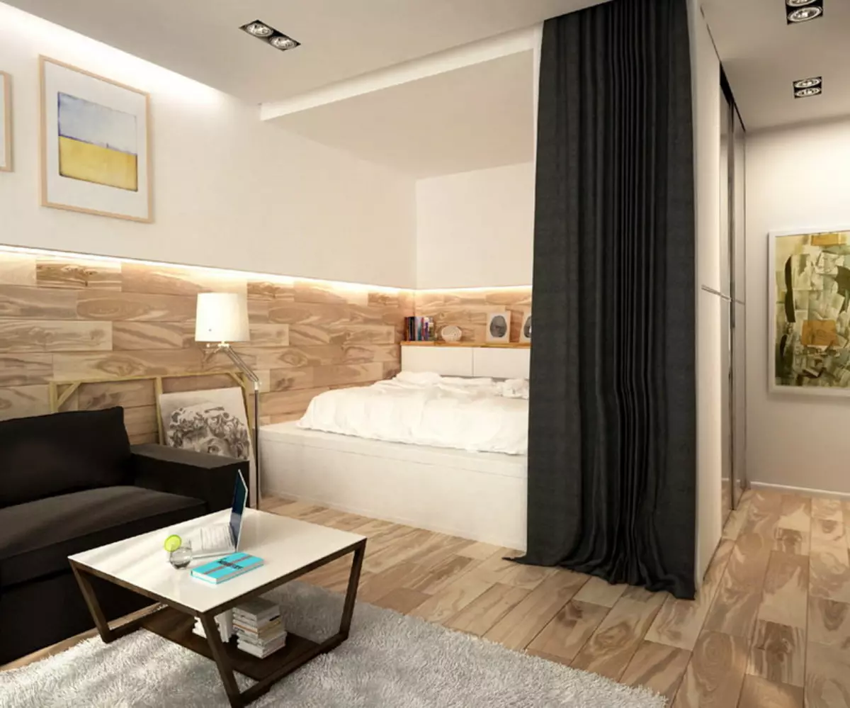 Ruang tamu kamar turu (112 foto): pilihan desain interior kanggo interior ing kamar sing padha. Pilihan Perabot Modular lan Wallpaper, Layout lan Proyek 9818_83