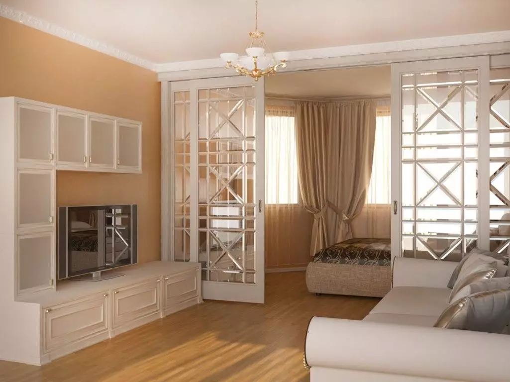 Miegamojo svetainė (112 nuotraukos): Interjero dizaino parinktys tos pačios patalpos interjero. Modulinių baldų ir tapetų, išdėstymo ir projektų pasirinkimas 9818_95