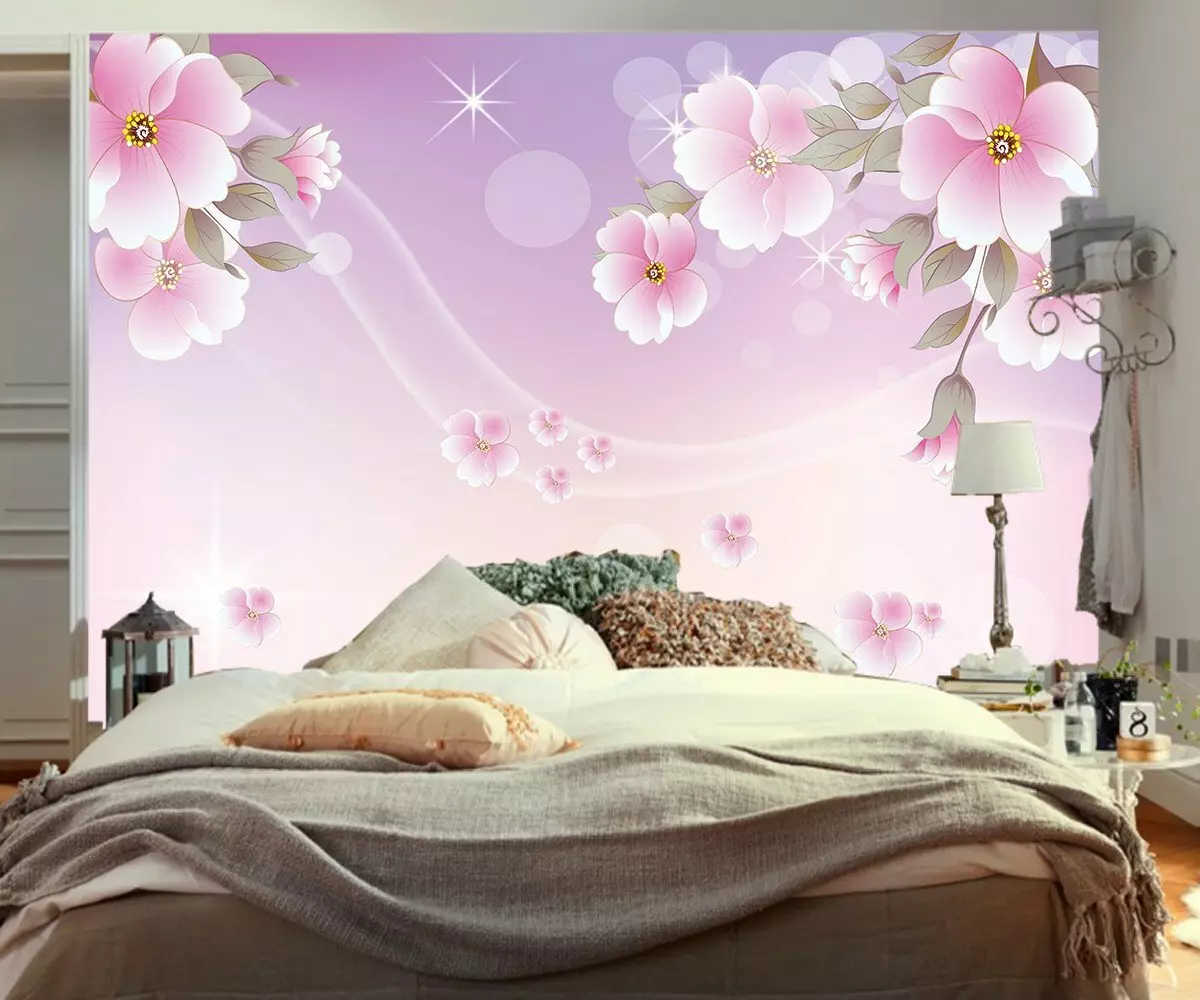 အိပ်ခန်းတွင်နံရံနံရံများ (ဓါတ်ပုံ 95) - Sakura, သစ်တောသို့မဟုတ် peonies နှင့်အတူဓာတ်ပုံများနှင့်အတူအိပ်ရာပေါ်တွင်နံရံဒီဇိုင်း။ အဖြူနှင့်အခြားအရောင်အိပ်ခန်းများအတွက်ဘာရွေးရမလဲ။ 9820_16