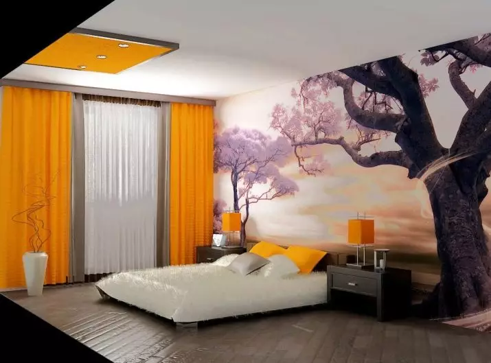 Vægmaleri i soveværelset (95 billeder): Vægdesign over sengen med fotografier med blomstrende Sakura, Skov eller Peonies. Hvad skal man vælge for hvide og andre farve soveværelser? 9820_20