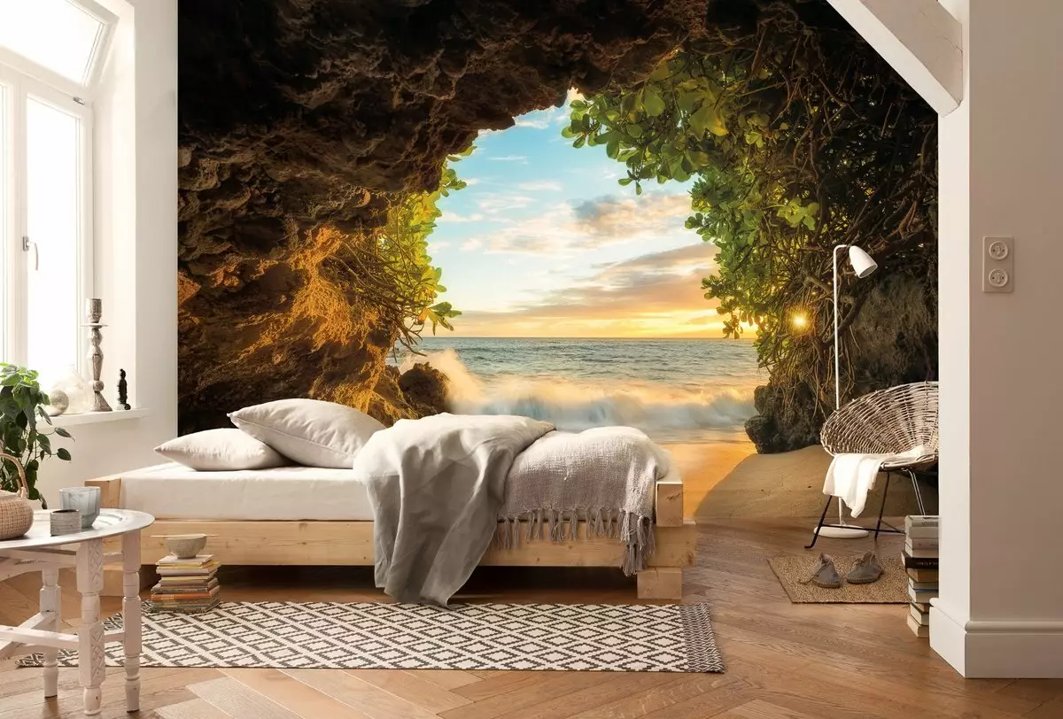 寝室の壁壁画（95枚の写真）：咲く桜、森林または牡丹の写真付きベッドの上の壁のデザイン。白と他のカラーベッドルームのために選択するのは何ですか？ 9820_35