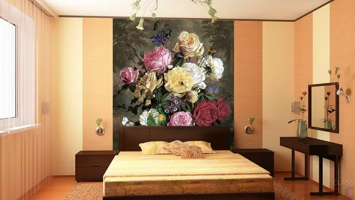 Унтлагын өрөөнд хананы хана (95 зураг): Sakura, ой, цээнэ цэцгийн зурагтай орон дээр хэвтэж буй хананы загвар. Цагаан болон бусад өнгийн унтлагын өрөөнд юу сонгох вэ? 9820_36