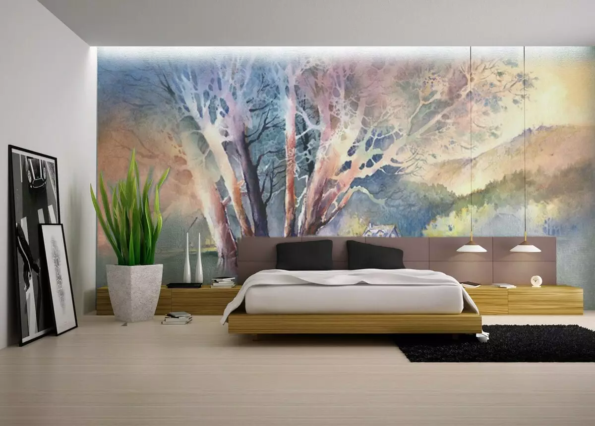 Унтлагын өрөөнд хананы хана (95 зураг): Sakura, ой, цээнэ цэцгийн зурагтай орон дээр хэвтэж буй хананы загвар. Цагаан болон бусад өнгийн унтлагын өрөөнд юу сонгох вэ? 9820_40