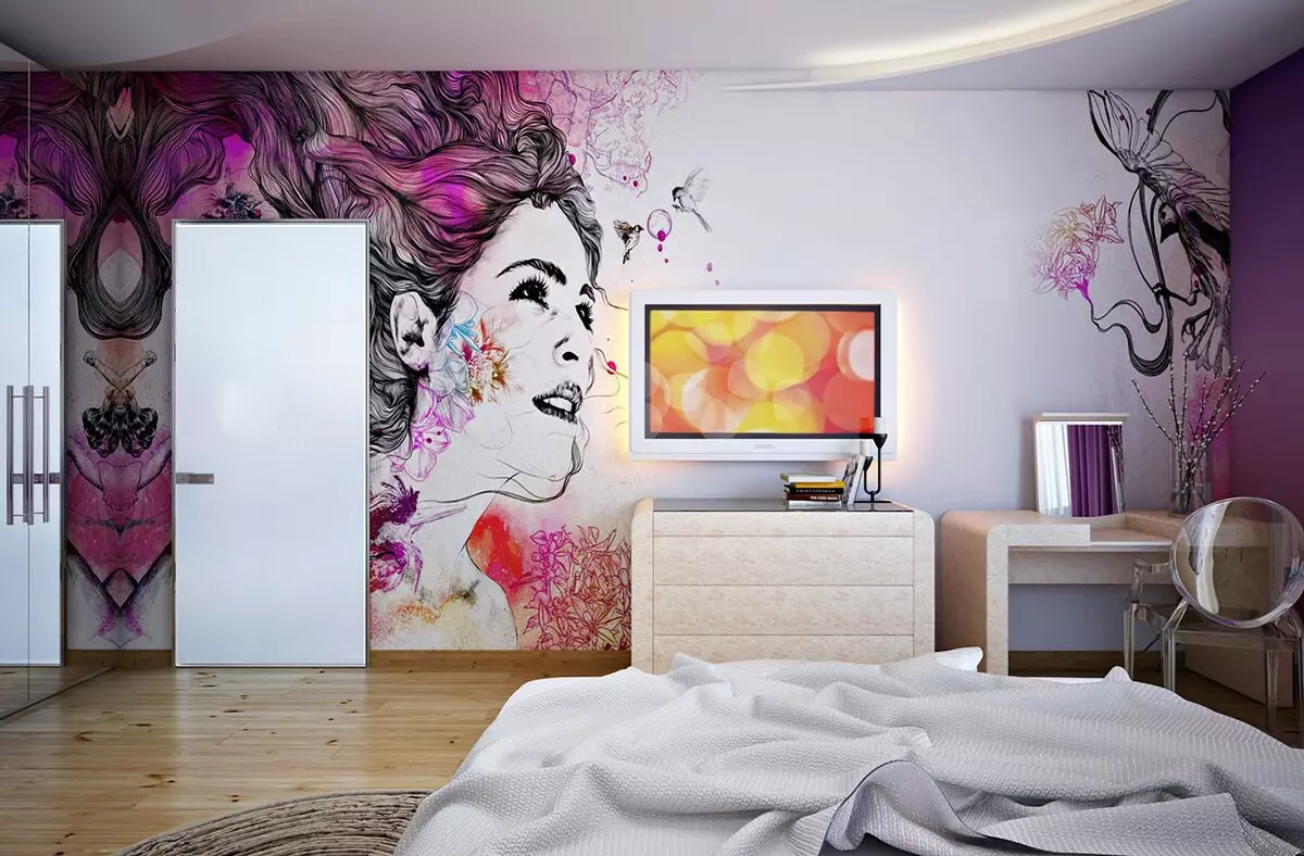 Seinämaalaus makuuhuoneessa (95 kuvaa): Seinämalli sängyssä valokuvilla, jossa kukkivat sakura, metsät tai peonit. Mitä valita valkoiset ja muut värimahmoja? 9820_41