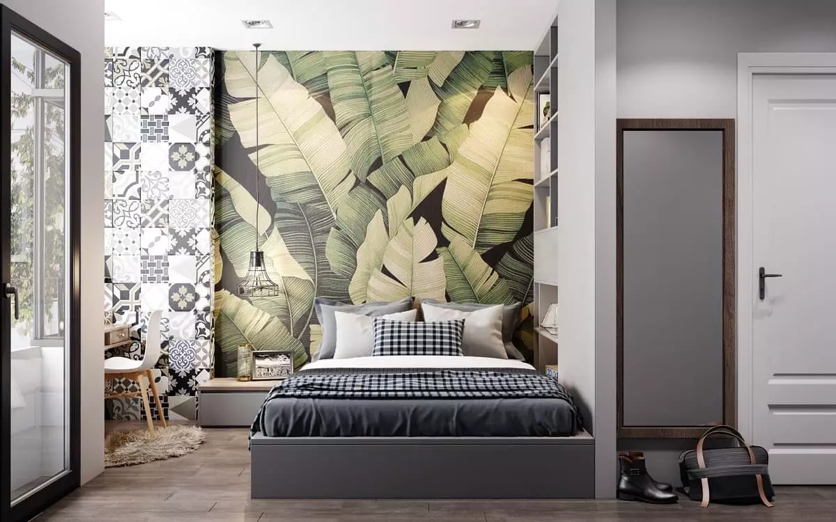 Seinämaalaus makuuhuoneessa (95 kuvaa): Seinämalli sängyssä valokuvilla, jossa kukkivat sakura, metsät tai peonit. Mitä valita valkoiset ja muut värimahmoja? 9820_8