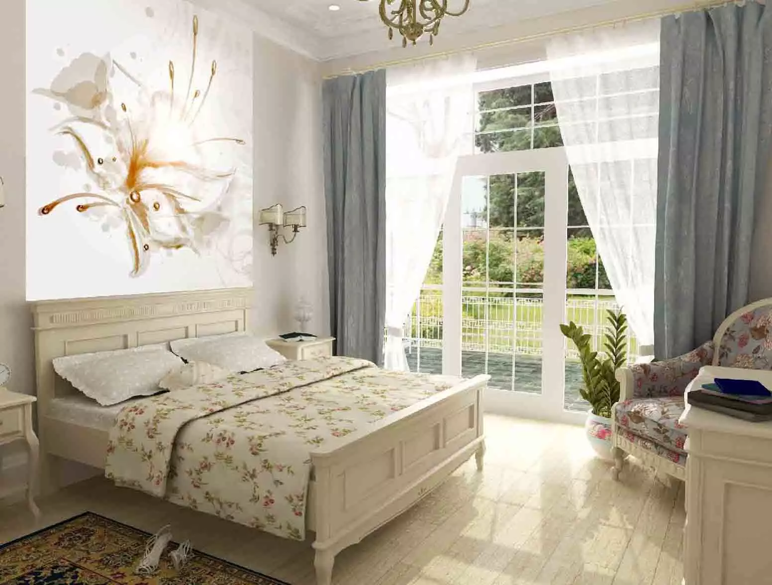 Vægmaleri i soveværelset (95 billeder): Vægdesign over sengen med fotografier med blomstrende Sakura, Skov eller Peonies. Hvad skal man vælge for hvide og andre farve soveværelser? 9820_9