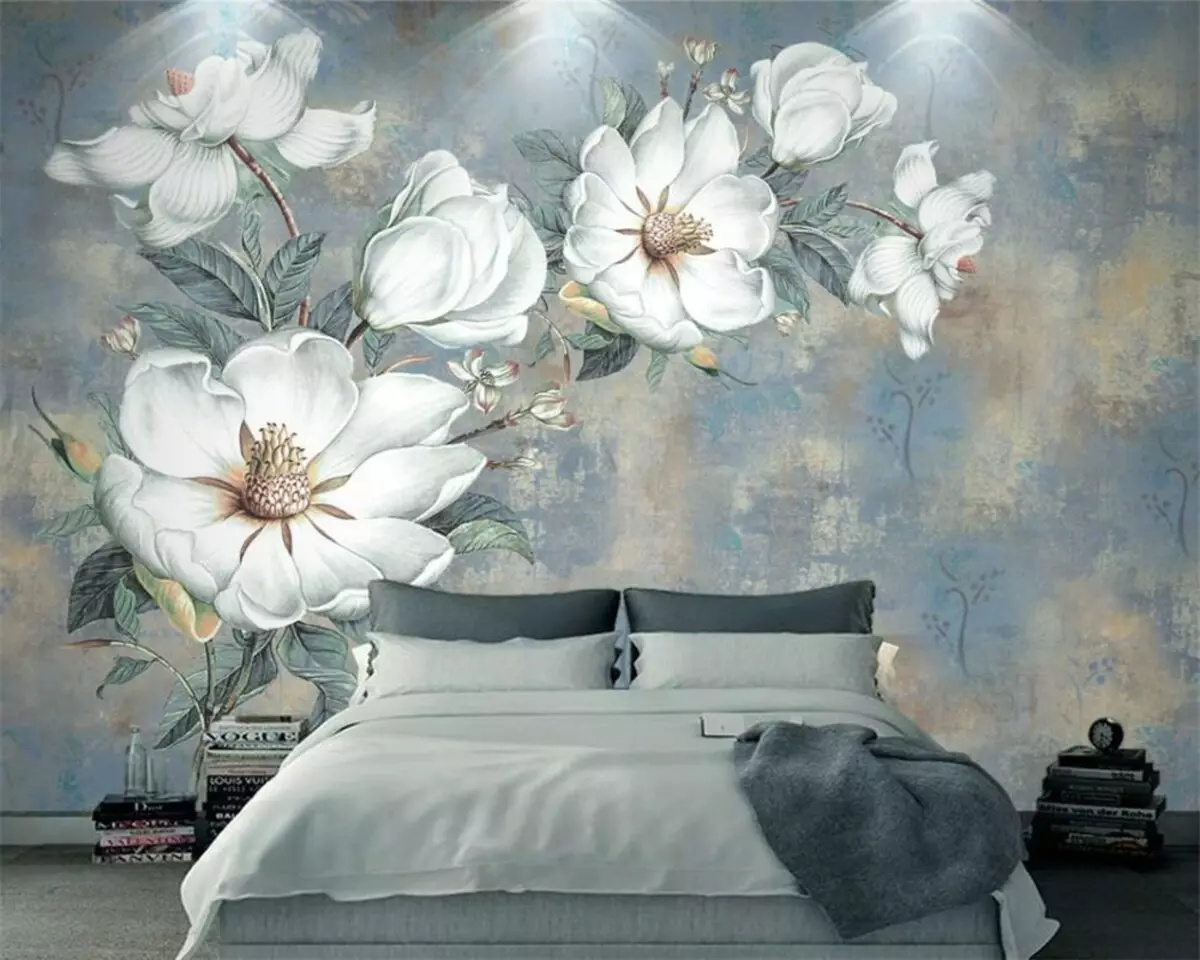 murale nella camera da letto (95 foto): il disegno della parete sopra il letto con fotografie con sakura di fioritura, foresta o peonie. Cosa scegliere per bianchi e altre camere da letto colore? 9820_93