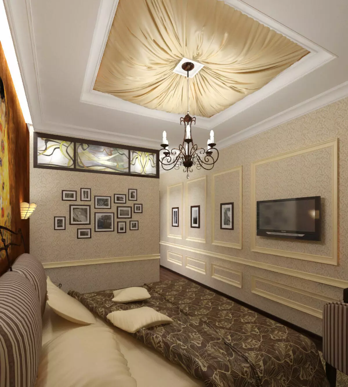 Art Deco Bedroom (92 foton): Inredningsalternativ, bröst och andra möbler 9822_91