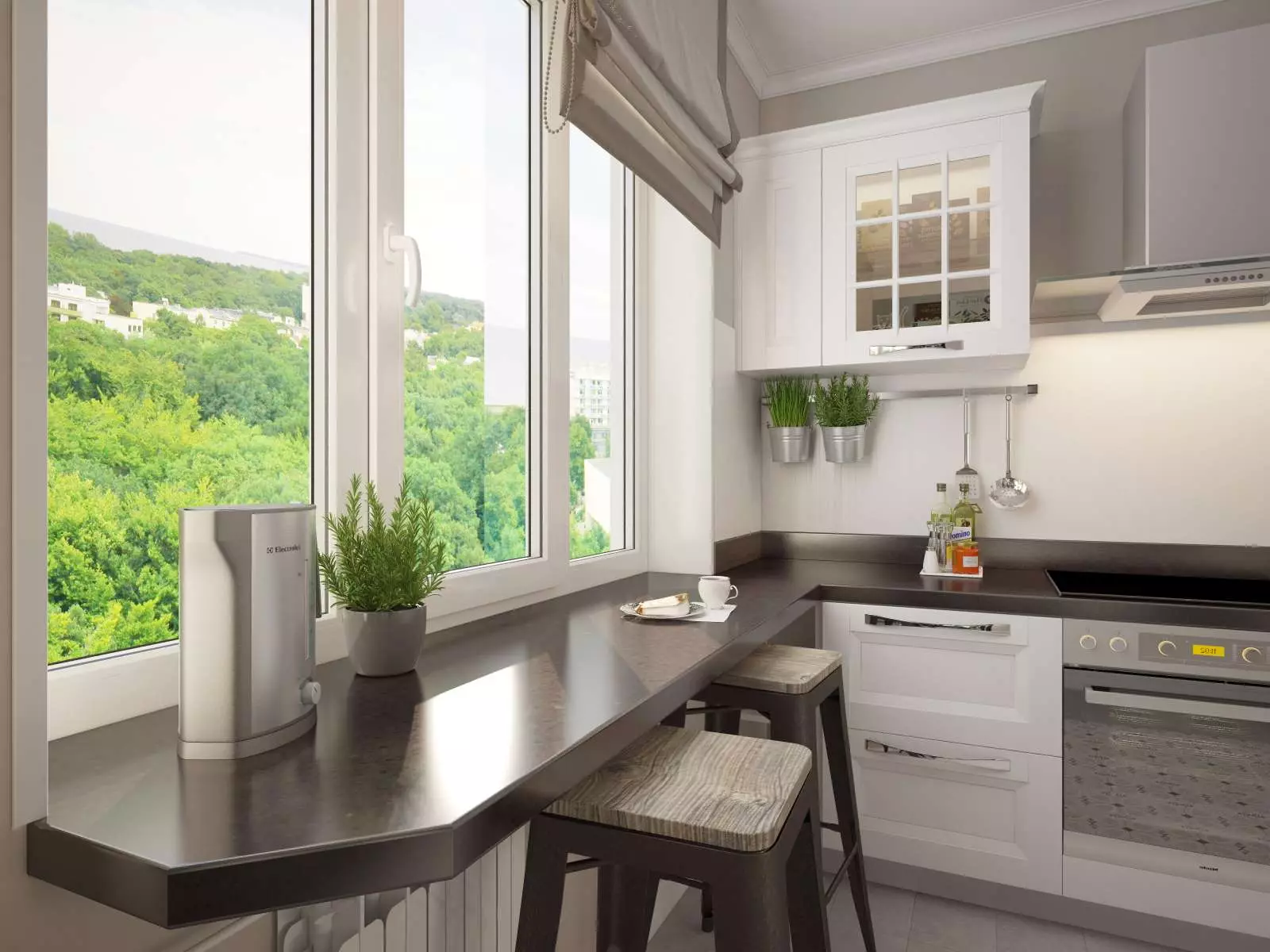 Dapur dengan jendela di area kerja (44 foto): Pilihan desain dan membuat desain interior dapur dengan jendela di atas permukaan kerja. Bagaimana cara menggunakan jendela di ruang dapur? Contoh yang indah 9838_4
