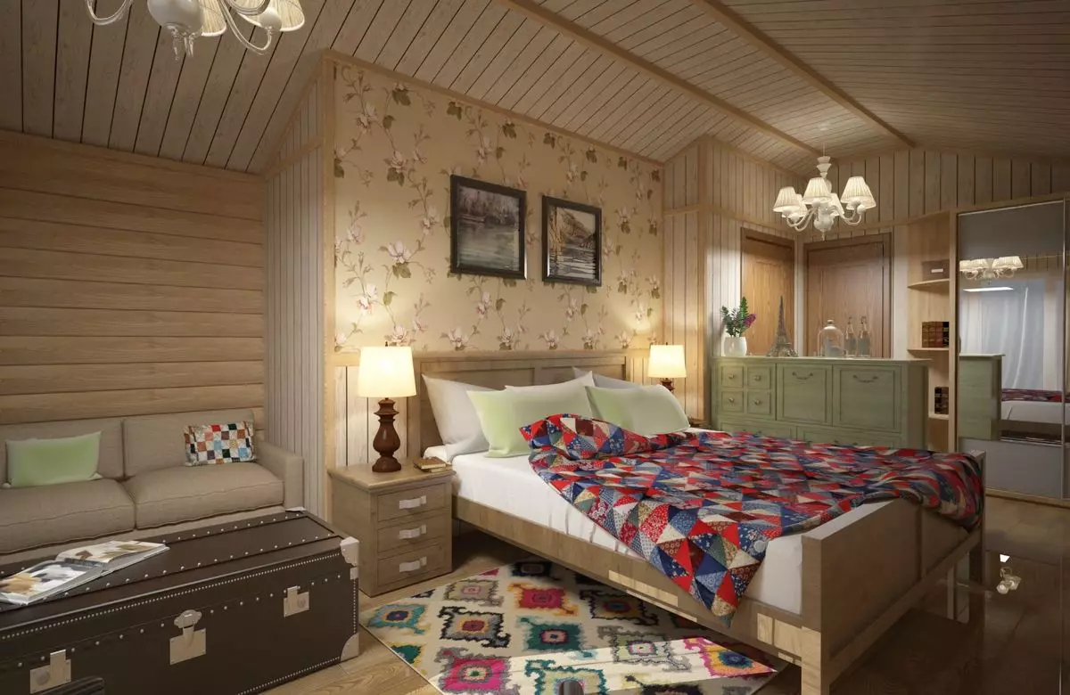 シャレーベッドルーム（35枚）：インテリアデザインルール、小さなベッドルームのためのカーテンや他の装飾要素の選択 9843_25