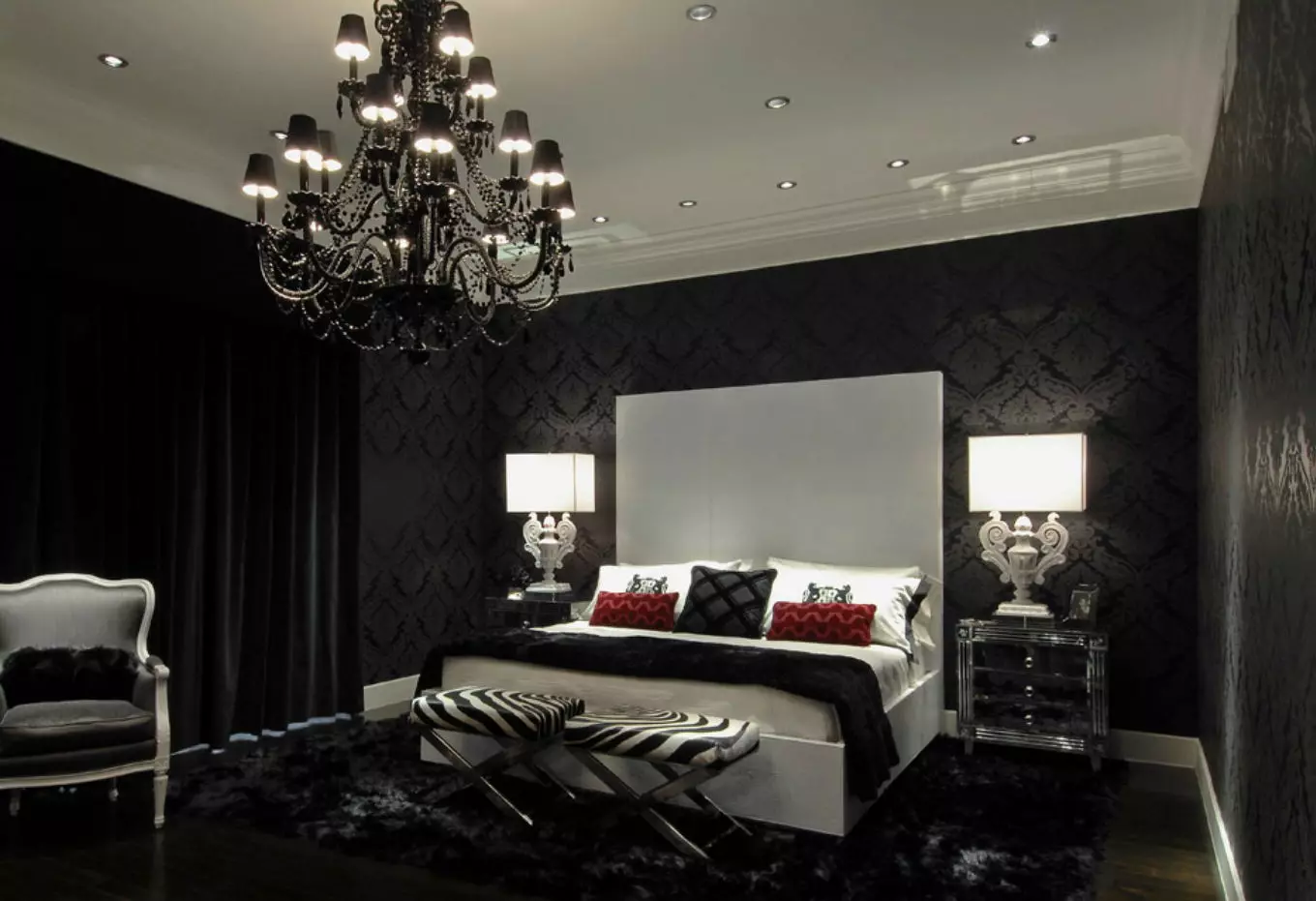 Spálňa v tmavých farbách (88 fotografií): Tapety a záclony v dizajne interiéru, podlahy a steny farby wenge, posteľ a iný nábytok pre malú izbu 9849_18