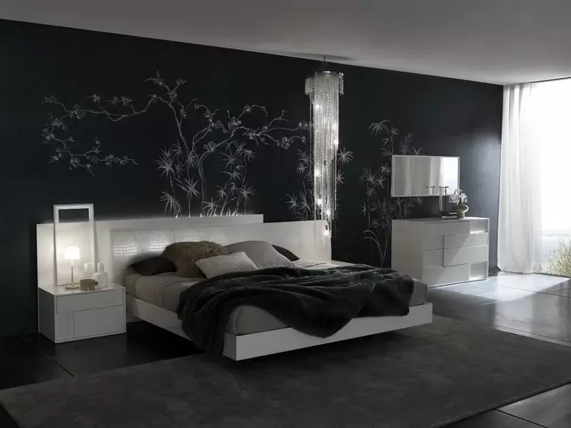 Υπνοδωμάτιο σε σκούρα χρώματα (88 φωτογραφίες): ταπετσαρίες και κουρτίνες στο εσωτερικό σχεδιασμό, πάτωμα και τοίχους του χρώματος wenge, κρεβάτι και άλλα έπιπλα για ένα μικρό δωμάτιο 9849_3