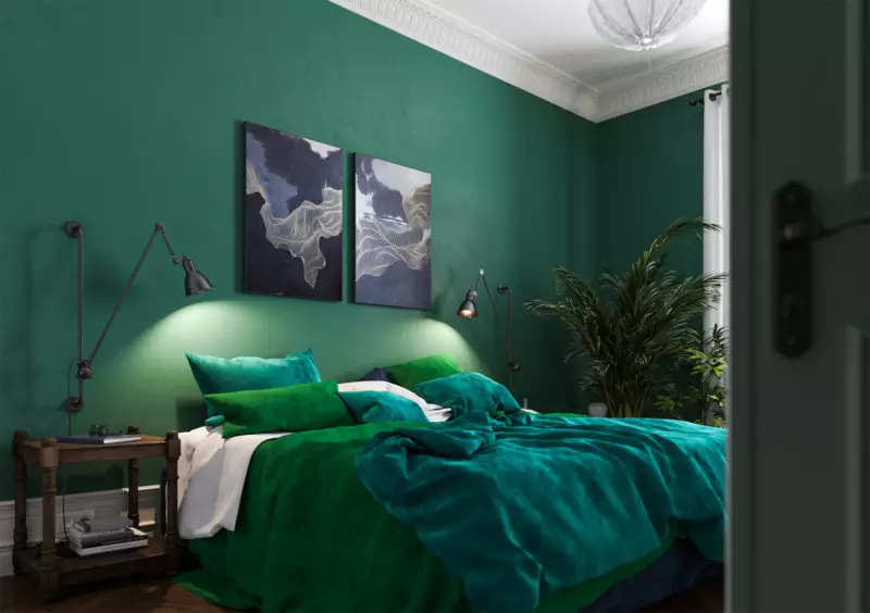 Spálňa v tmavých farbách (88 fotografií): Tapety a záclony v dizajne interiéru, podlahy a steny farby wenge, posteľ a iný nábytok pre malú izbu 9849_36