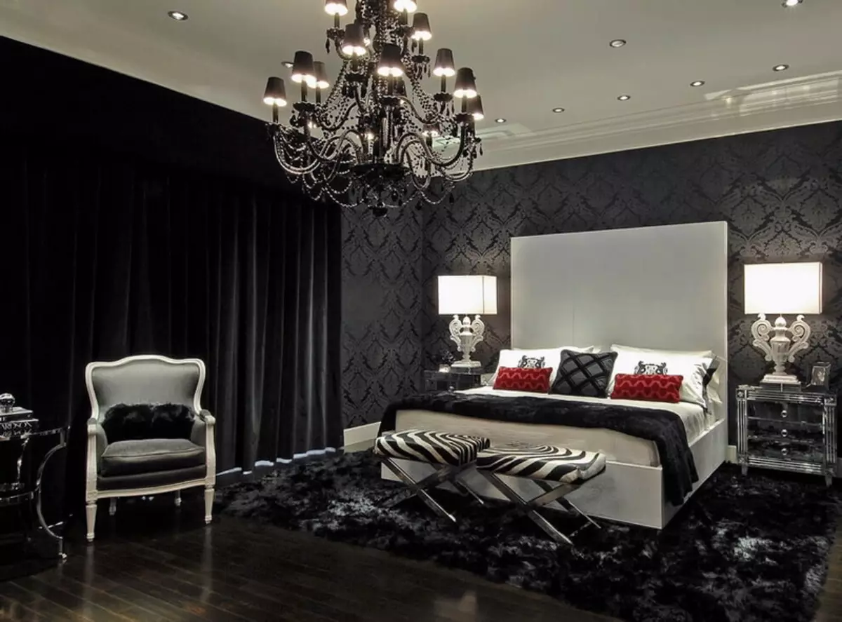 Υπνοδωμάτιο σε σκούρα χρώματα (88 φωτογραφίες): ταπετσαρίες και κουρτίνες στο εσωτερικό σχεδιασμό, πάτωμα και τοίχους του χρώματος wenge, κρεβάτι και άλλα έπιπλα για ένα μικρό δωμάτιο 9849_4