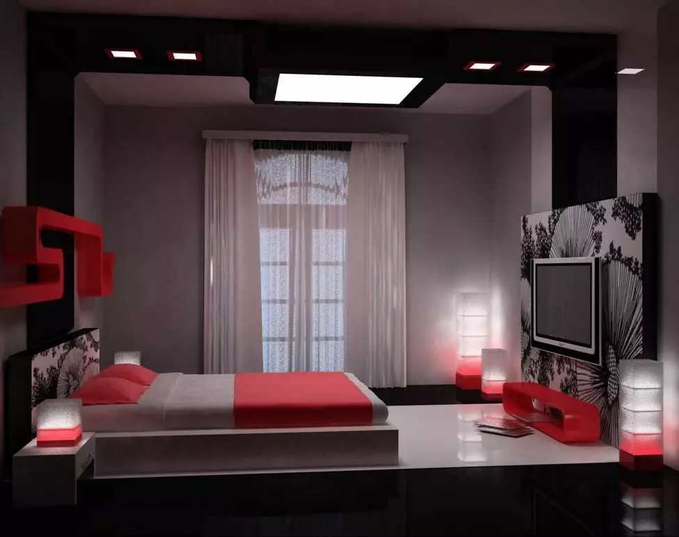 침실 어두운 색상 (88 사진) : 인테리어 디자인, 바닥 및 커튼 컬러 낭송, 침대 및 기타 작은 객실 용 벽면 및 커튼 9849_42