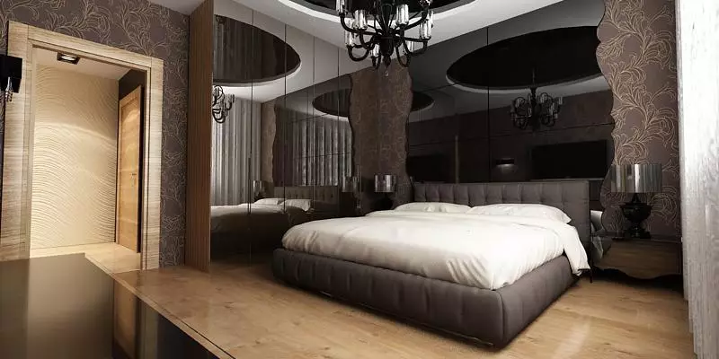 Υπνοδωμάτιο σε σκούρα χρώματα (88 φωτογραφίες): ταπετσαρίες και κουρτίνες στο εσωτερικό σχεδιασμό, πάτωμα και τοίχους του χρώματος wenge, κρεβάτι και άλλα έπιπλα για ένα μικρό δωμάτιο 9849_44