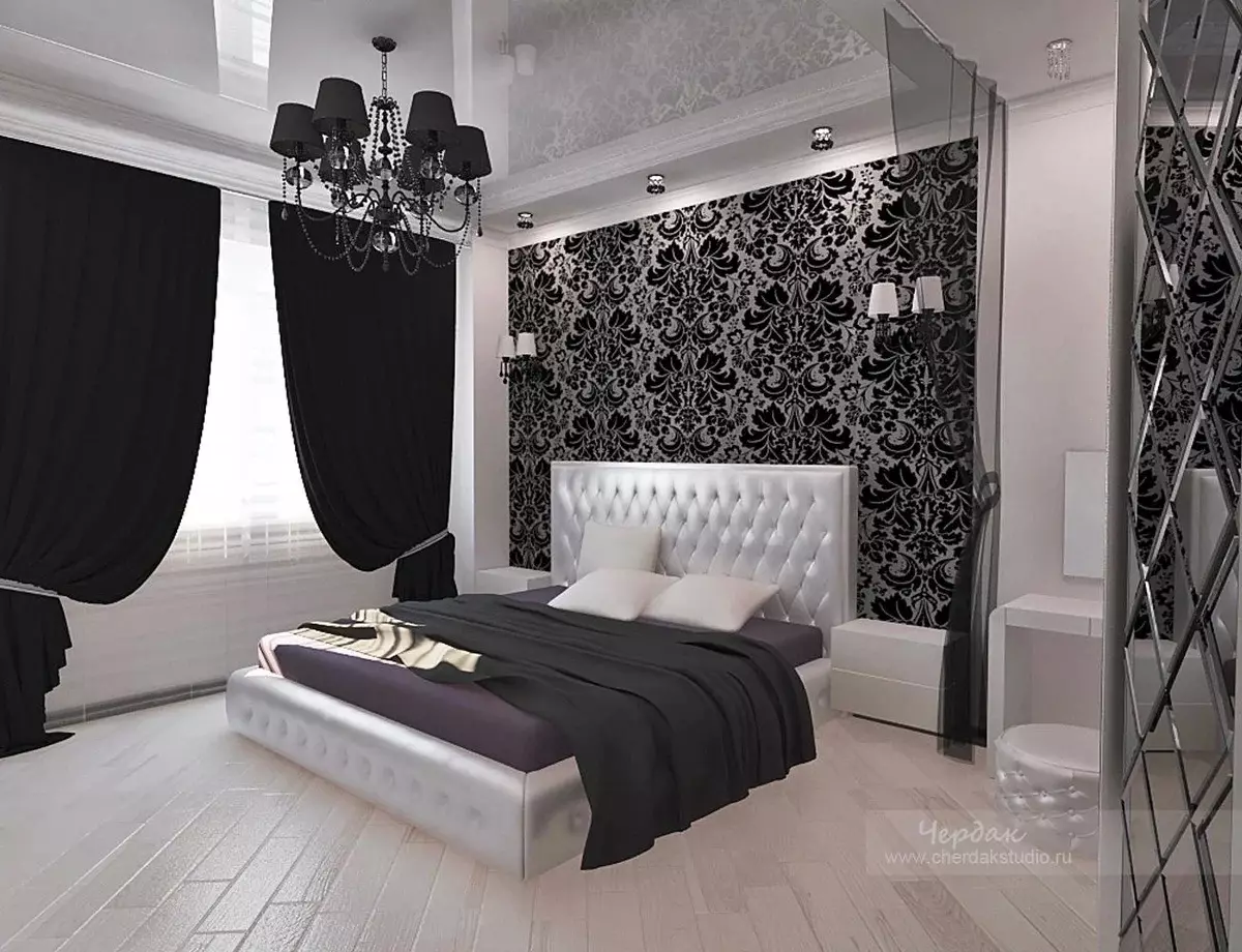 침실 어두운 색상 (88 사진) : 인테리어 디자인, 바닥 및 커튼 컬러 낭송, 침대 및 기타 작은 객실 용 벽면 및 커튼 9849_56