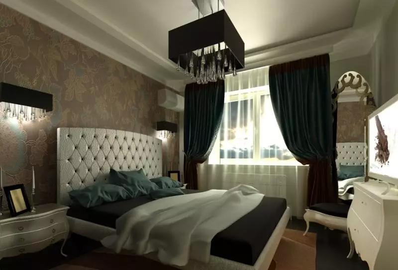 Sypialnia w ciemnych kolorach (88 zdjęć): tapety i zasłony w projekcie wnętrz, podłodze i ścianach kolorów wenge, łóżko i inne meble dla małego pokoju 9849_57