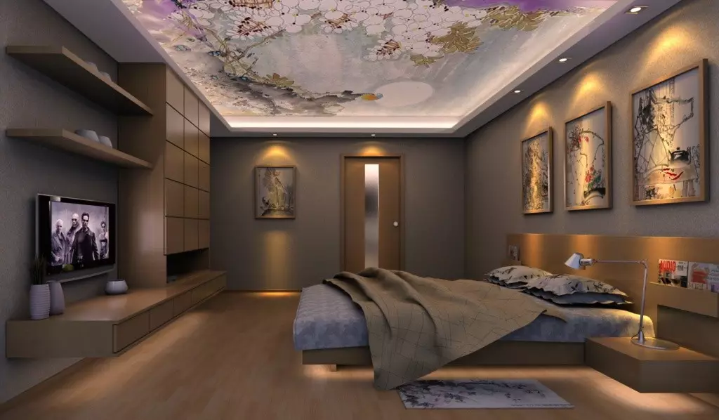 Spálňa v tmavých farbách (88 fotografií): Tapety a záclony v dizajne interiéru, podlahy a steny farby wenge, posteľ a iný nábytok pre malú izbu 9849_58