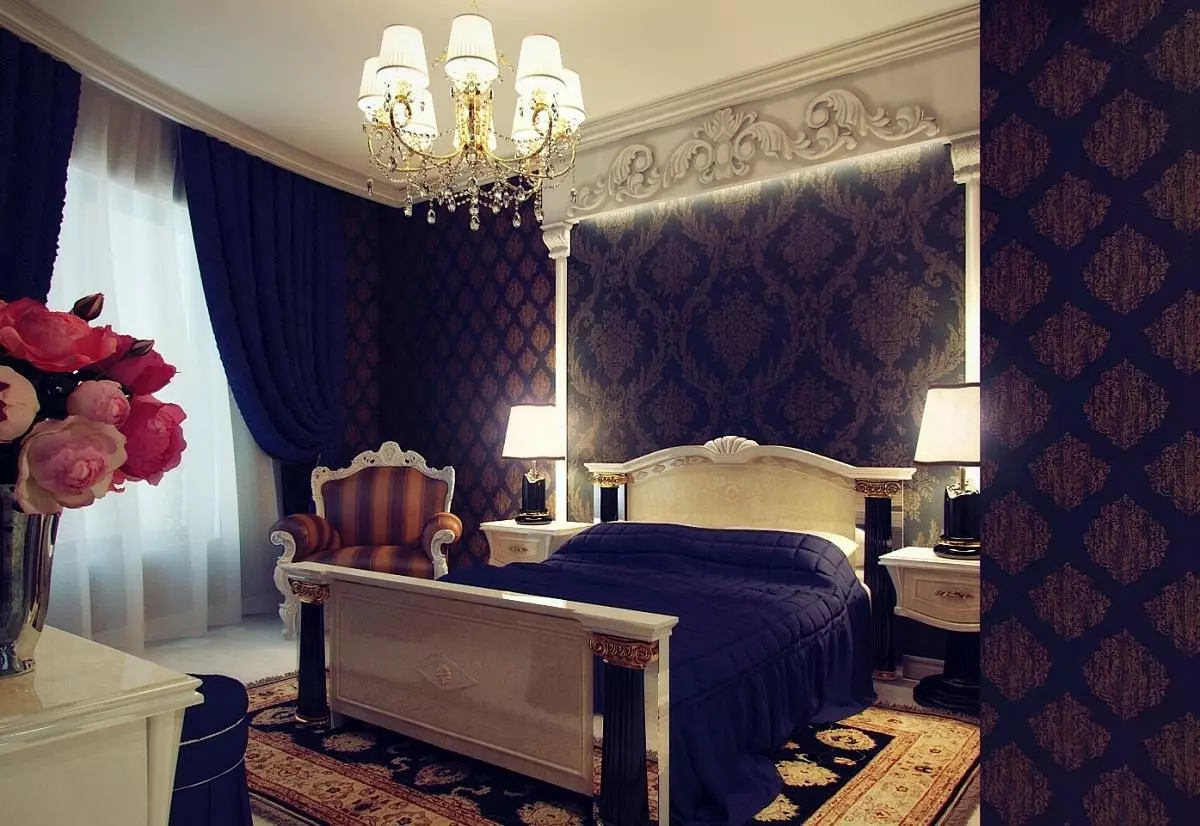 Sypialnia w ciemnych kolorach (88 zdjęć): tapety i zasłony w projekcie wnętrz, podłodze i ścianach kolorów wenge, łóżko i inne meble dla małego pokoju 9849_59