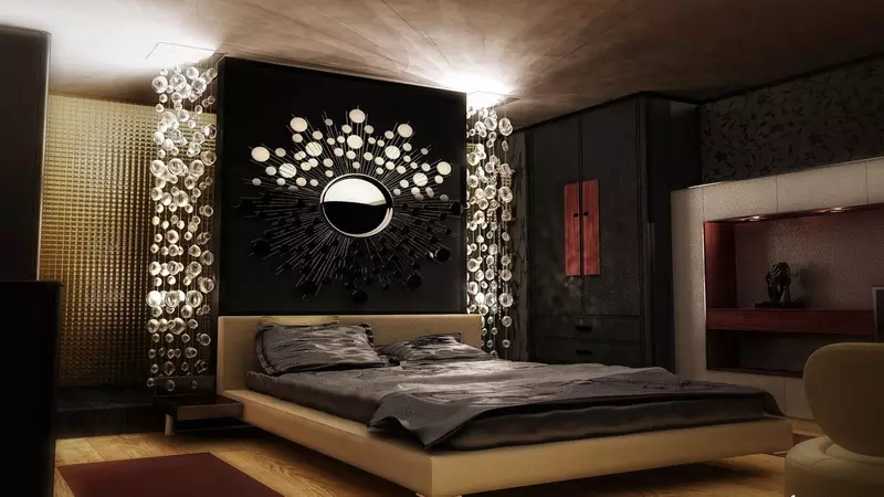 Spálňa v tmavých farbách (88 fotografií): Tapety a záclony v dizajne interiéru, podlahy a steny farby wenge, posteľ a iný nábytok pre malú izbu 9849_6