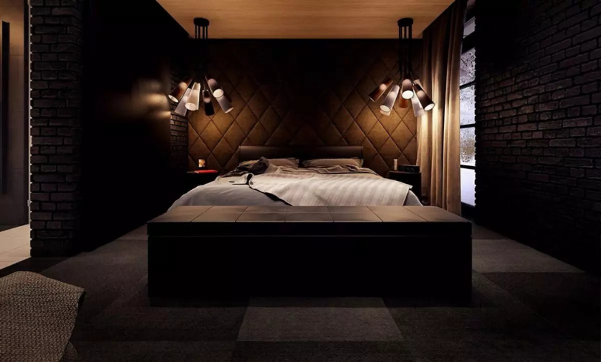 Spálňa v tmavých farbách (88 fotografií): Tapety a záclony v dizajne interiéru, podlahy a steny farby wenge, posteľ a iný nábytok pre malú izbu 9849_61