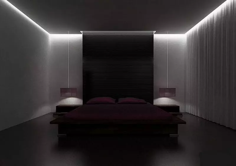 Sypialnia w ciemnych kolorach (88 zdjęć): tapety i zasłony w projekcie wnętrz, podłodze i ścianach kolorów wenge, łóżko i inne meble dla małego pokoju 9849_73