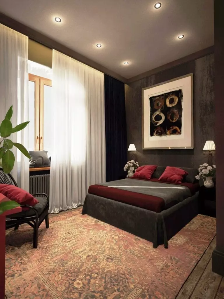 Sypialnia w ciemnych kolorach (88 zdjęć): tapety i zasłony w projekcie wnętrz, podłodze i ścianach kolorów wenge, łóżko i inne meble dla małego pokoju 9849_75
