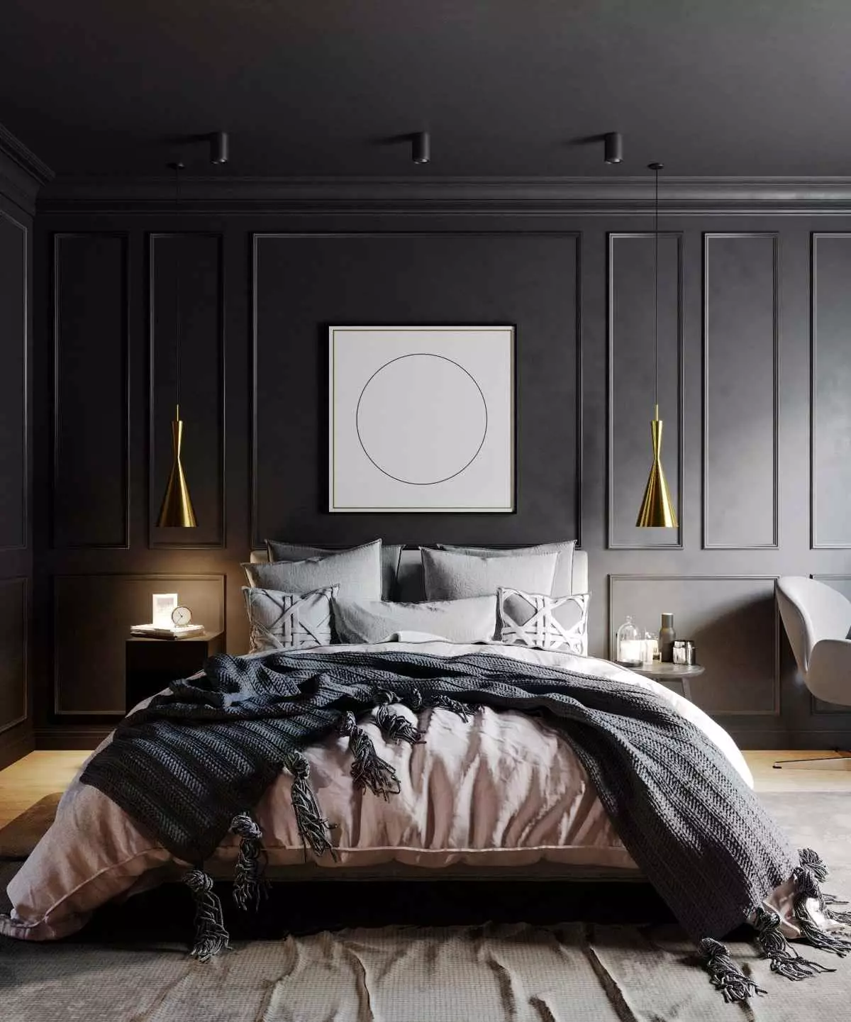 침실 어두운 색상 (88 사진) : 인테리어 디자인, 바닥 및 커튼 컬러 낭송, 침대 및 기타 작은 객실 용 벽면 및 커튼 9849_77