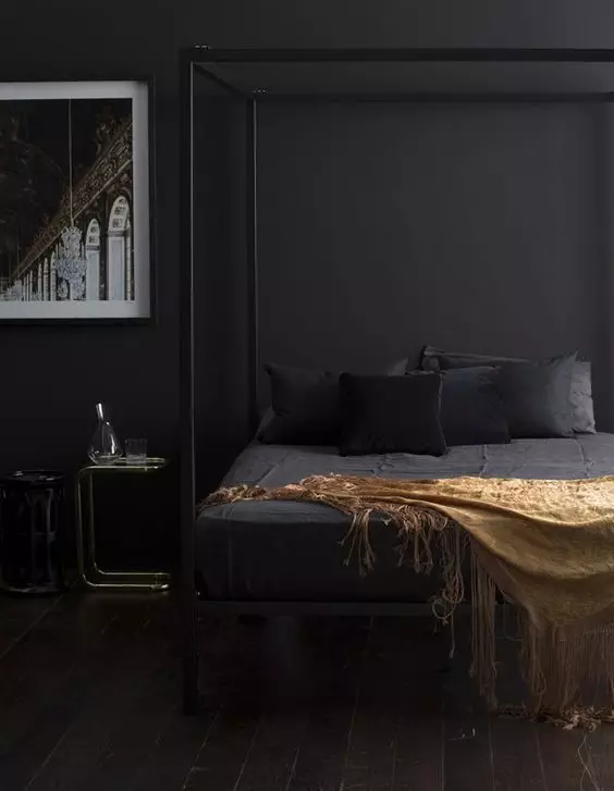 Spálňa v tmavých farbách (88 fotografií): Tapety a záclony v dizajne interiéru, podlahy a steny farby wenge, posteľ a iný nábytok pre malú izbu 9849_79