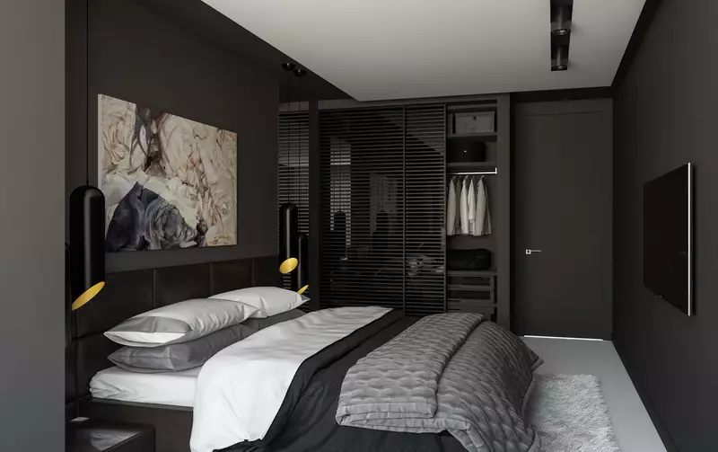 Sypialnia w ciemnych kolorach (88 zdjęć): tapety i zasłony w projekcie wnętrz, podłodze i ścianach kolorów wenge, łóżko i inne meble dla małego pokoju 9849_8