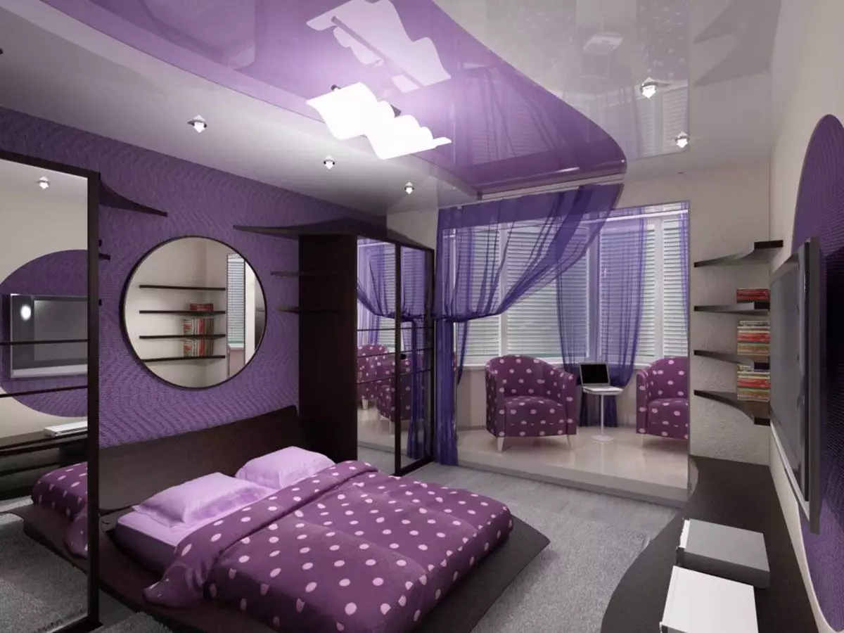 Violetinis miegamasis (93 nuotraukos): fono paveikslėliai interjero dizainas, kambarys pilka-violetinė ir alyva, violetinė balta ir tamsiai violetiniai tonai. Kokios kitos spalvos yra violetinės? 9854_11
