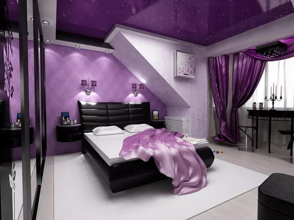 Purple nga kwarto (93 Mga Litrato): Mga wallpaper sa disenyo sa interior, kwarto sa grey-violet ug lilac, purple-puti ug itom nga tono nga purpura. Unsa ang ubang mga kolor nga purpura? 9854_15