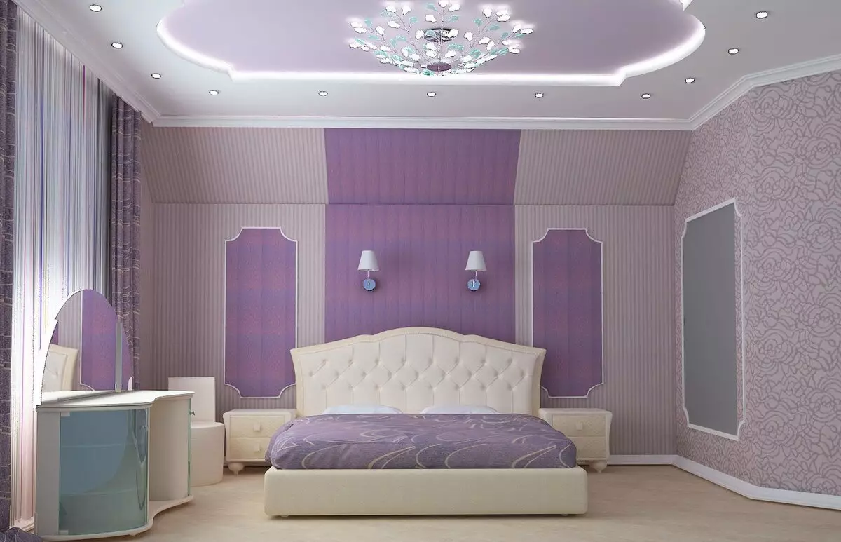 Μωβ υπνοδωμάτιο (93 φωτογραφίες): ταπετσαρίες στο εσωτερικό σχεδιασμό, δωμάτιο σε γκρι-βιολετί και λιλά, πορφυρό και σκούρο μοβ αποχρώσεις. Ποια άλλα χρώματα είναι μοβ; 9854_17