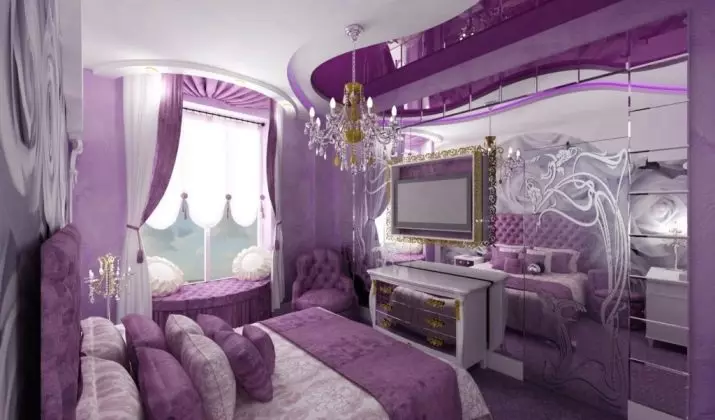 Purpura guļamistaba (93 fotogrāfijas): tapetes interjera dizainā, telpā pelēkā violetā un ceriņu, violeta baltas un tumši violeta toņi. Kādas citas krāsas ir purpura? 9854_22