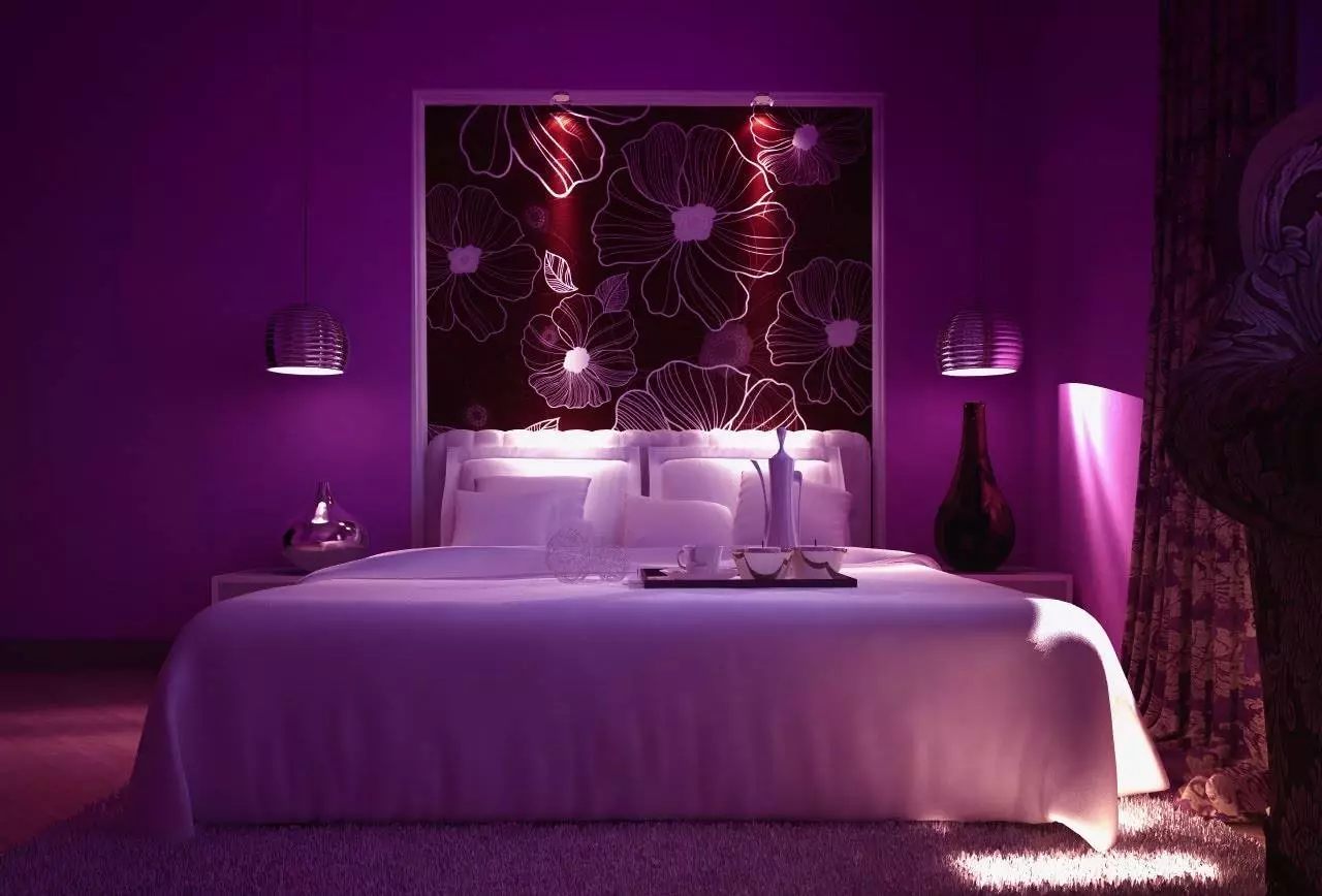 보라색 침실 (93 사진) : 인테리어 디자인, 회색 바이올렛 및 라일락의 방, 보라색 흰색 및 어두운 보라색 톤의 바탕 화면. 어떤 다른 색깔이 자주색입니까? 9854_3