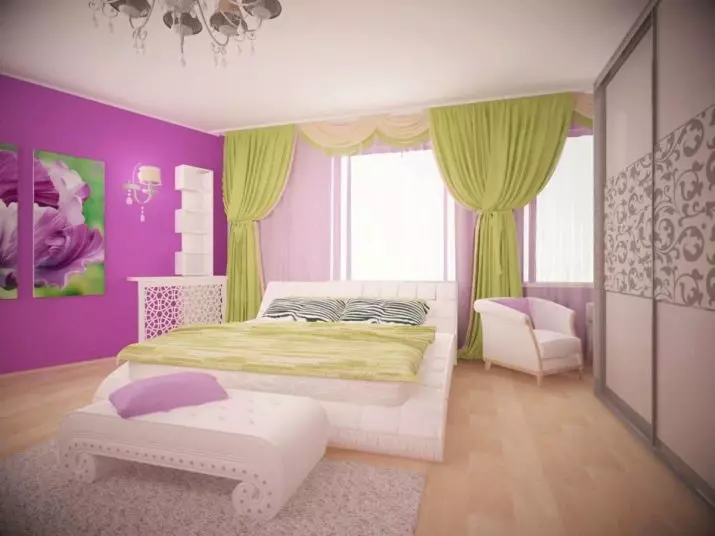 보라색 침실 (93 사진) : 인테리어 디자인, 회색 바이올렛 및 라일락의 방, 보라색 흰색 및 어두운 보라색 톤의 바탕 화면. 어떤 다른 색깔이 자주색입니까? 9854_30