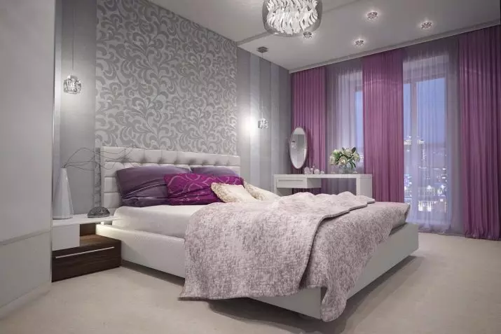 Purpura guļamistaba (93 fotogrāfijas): tapetes interjera dizainā, telpā pelēkā violetā un ceriņu, violeta baltas un tumši violeta toņi. Kādas citas krāsas ir purpura? 9854_31