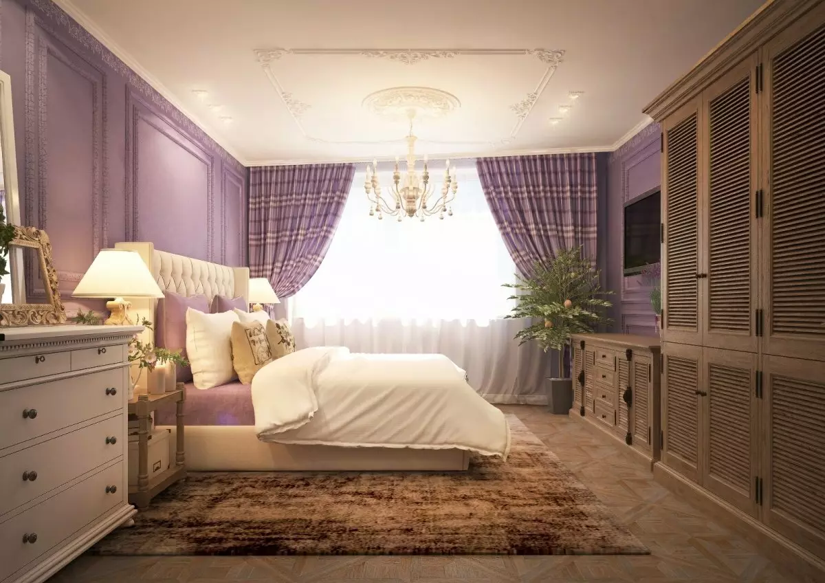 Purpura guļamistaba (93 fotogrāfijas): tapetes interjera dizainā, telpā pelēkā violetā un ceriņu, violeta baltas un tumši violeta toņi. Kādas citas krāsas ir purpura? 9854_33